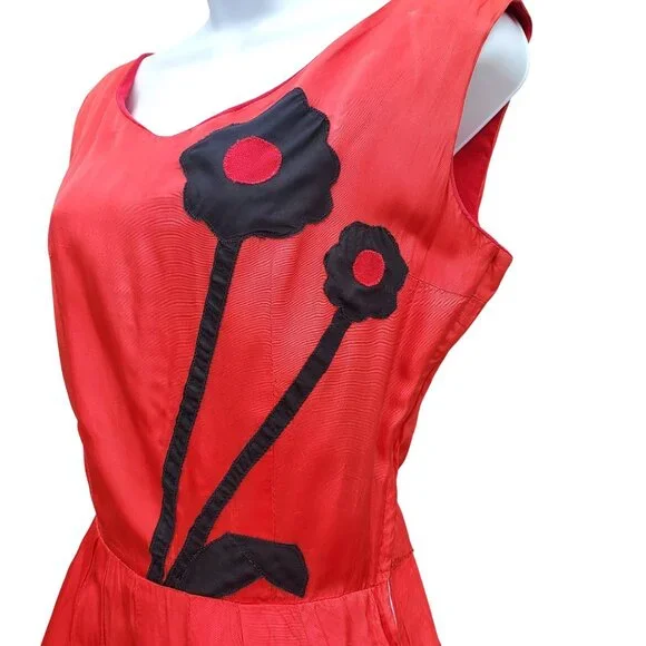 Vintage 30s Style Red Orange Acetate Maxi Size S Black Appliqué Gown Prom Dress - Picture 4 of 14